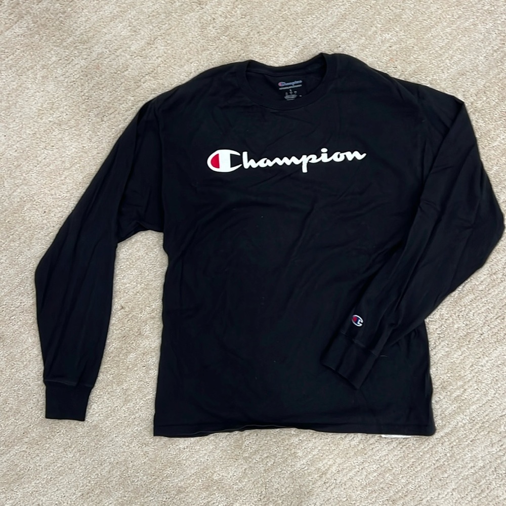 Size Large (unisex) black long sleeve Champion t-shirt.